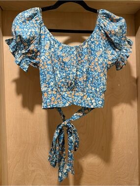 Rare Editions Blue Floral Puff-Sleeve Tie-Back Crop Top Size Small New